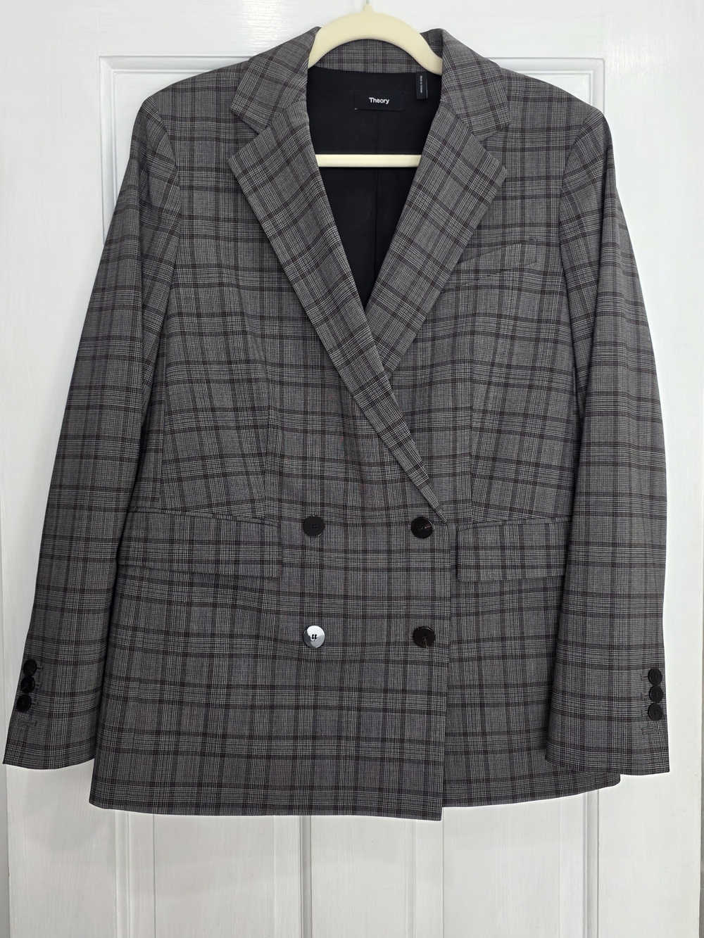 Theory Wool Gray Plaid Double-Breasted Blazer